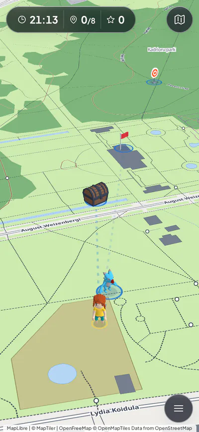 Das Handy eines Spielers: die 3D-Karte mit der Spielfigur des Teams und mehreren Stationen vor ihr