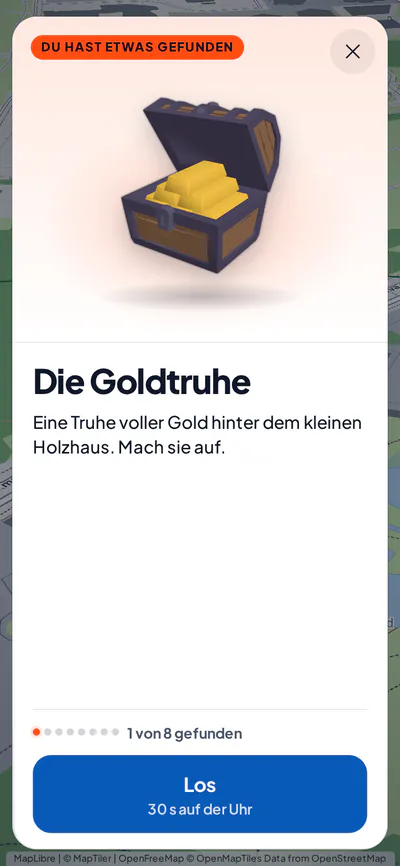 Das Handy eines Spielers: die bei Ankunft geöffnete Station mit Name und Hinweis