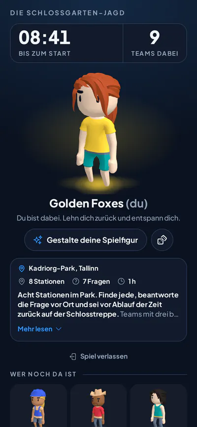 Das Handy eines Spielers in der Lobby: die Spielfigur des Teams, der Countdown bis zum Start und die anderen Teams
