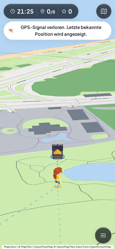 Das Handy eines Spielers: eine 3D-Karte, auf der die Spielfigur des Teams zu einer Schatztruhen-Station läuft