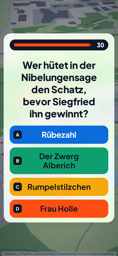 Das Handy eines Spielers: eine Quizfrage mit vier Antwortmöglichkeiten und einem 30-Sekunden-Countdown