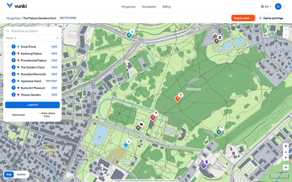 The game builder: checkpoints on a map with a question on each