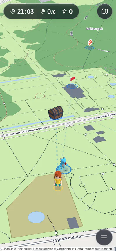 A player's phone: the 3D map with the team's piece and several checkpoints ahead of it