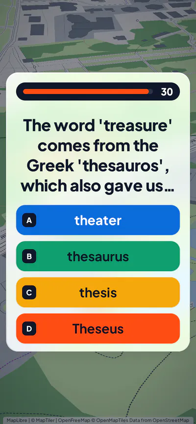 A player's phone: a quiz question with four answer lanes and a 30-second clock
