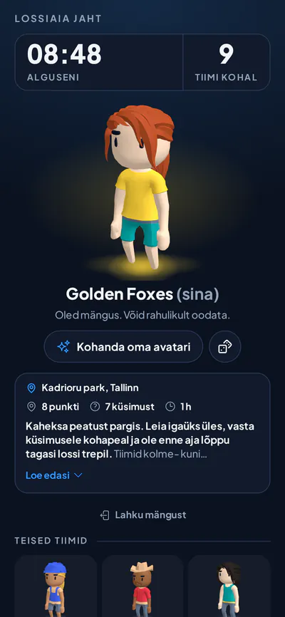 Ooteruum mängija telefonis: tiimi avatar, alguseni jäänud aeg ja teised tiimid
