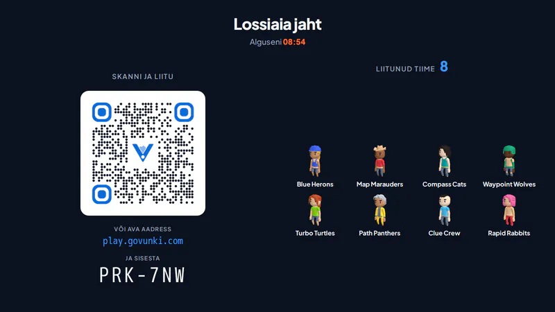 Mängueelne vaade suurel ekraanil: QR-kood, mängukood ja liitunud tiimid