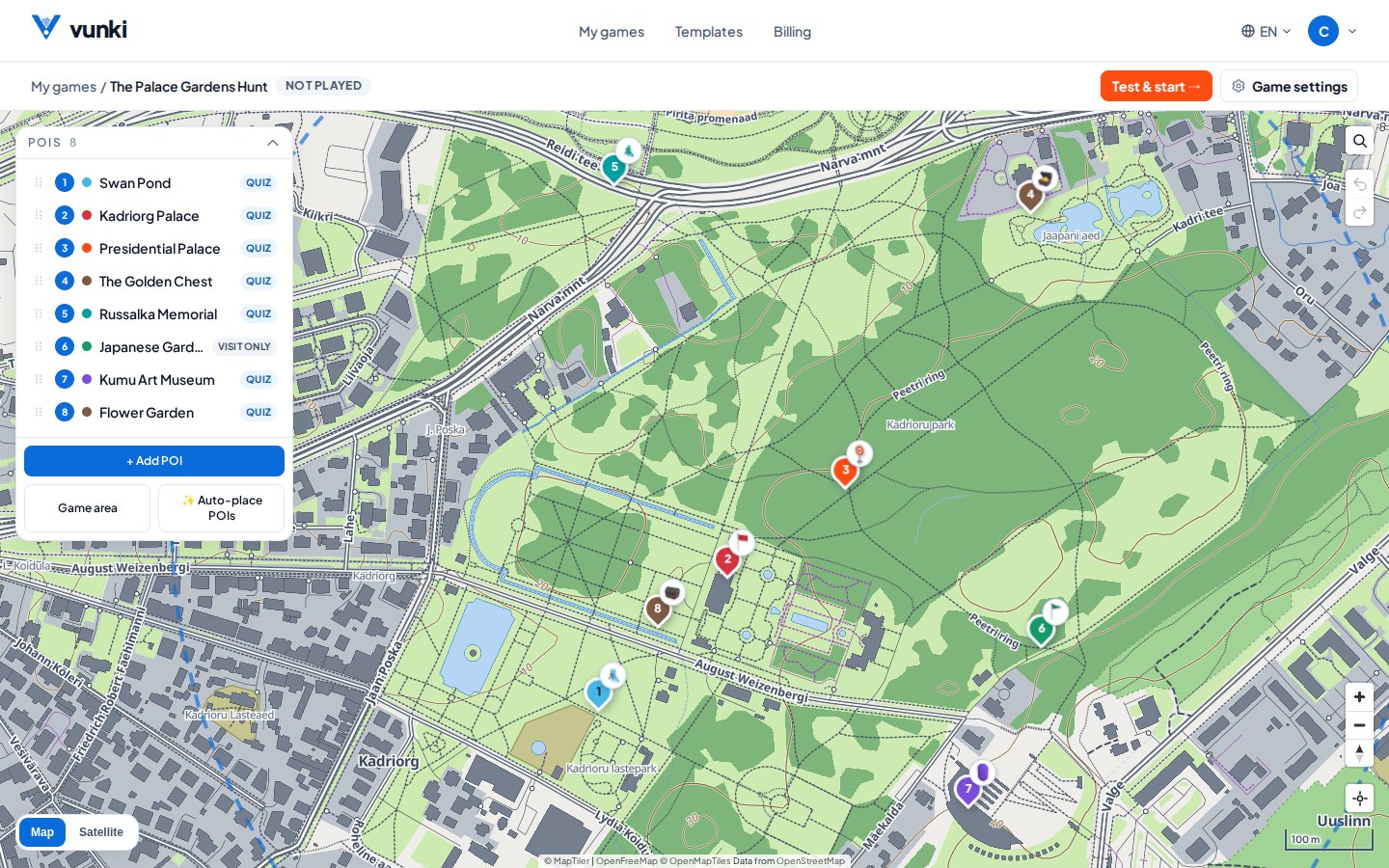 The game builder: checkpoints on a map with a question on each