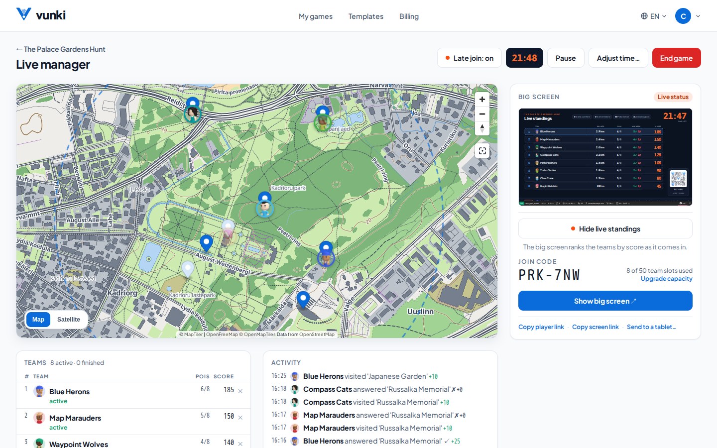 The live manager: every team on the map, the clock, the activity feed and the big-screen preview