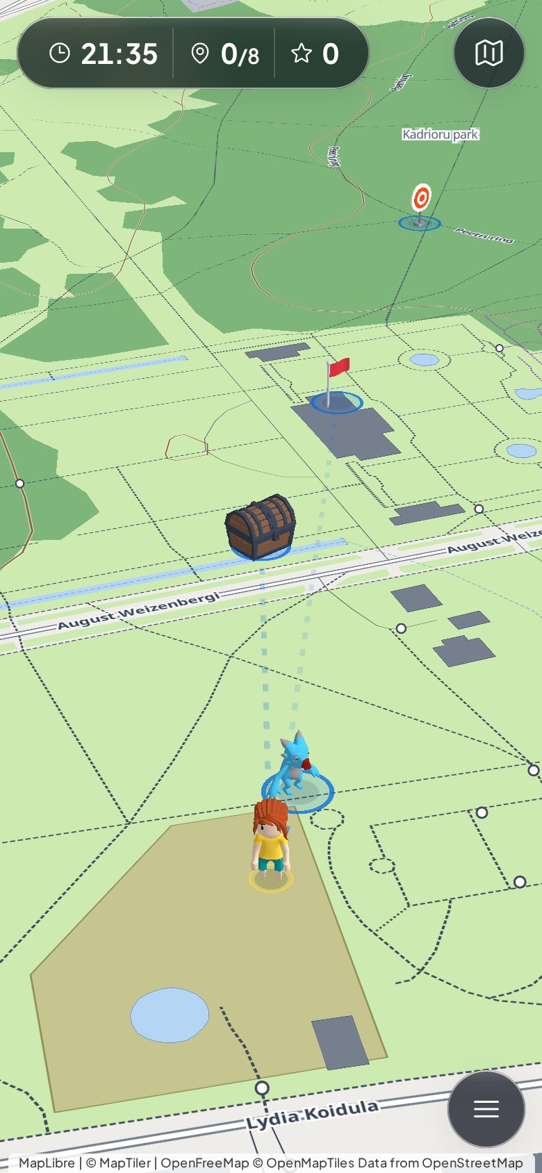 A player's phone: the 3D map with the team's piece and several checkpoints ahead of it