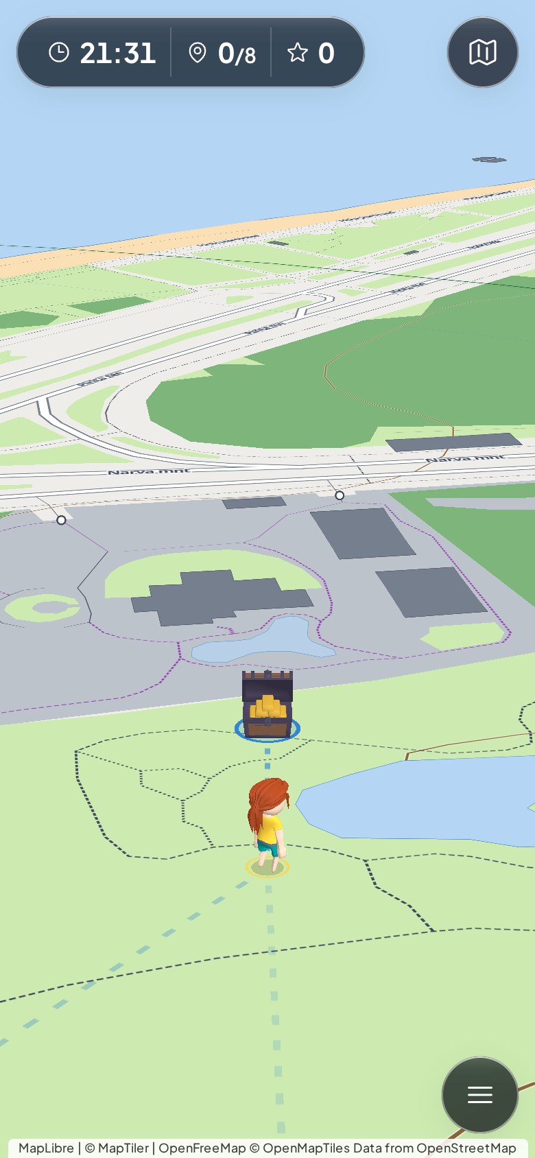 A player's phone: a 3D map with the team's piece walking toward a treasure chest checkpoint