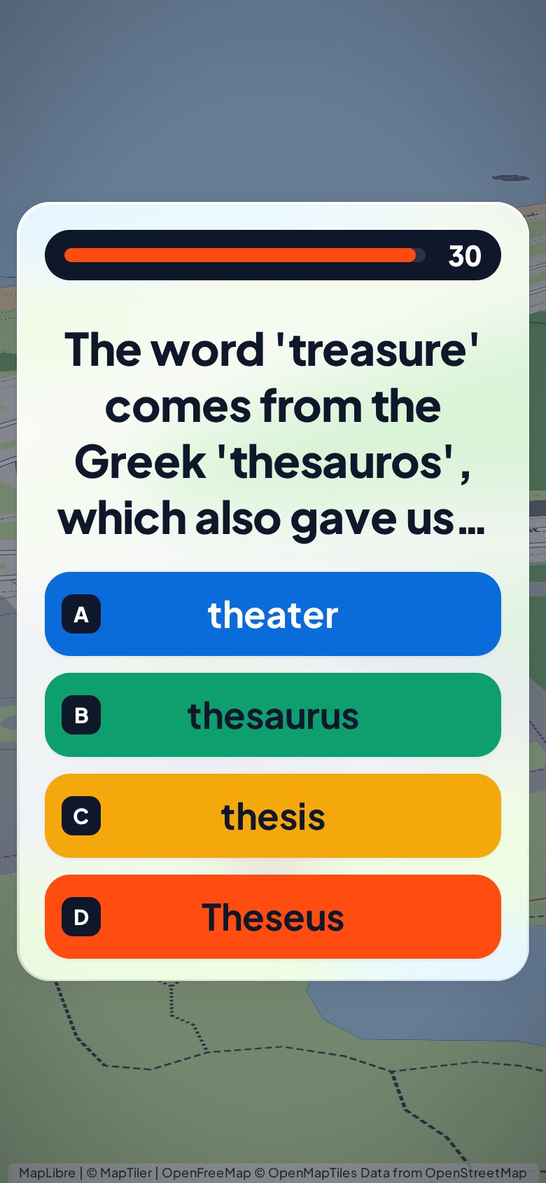A player's phone: a quiz question with four answer lanes and a 30-second clock