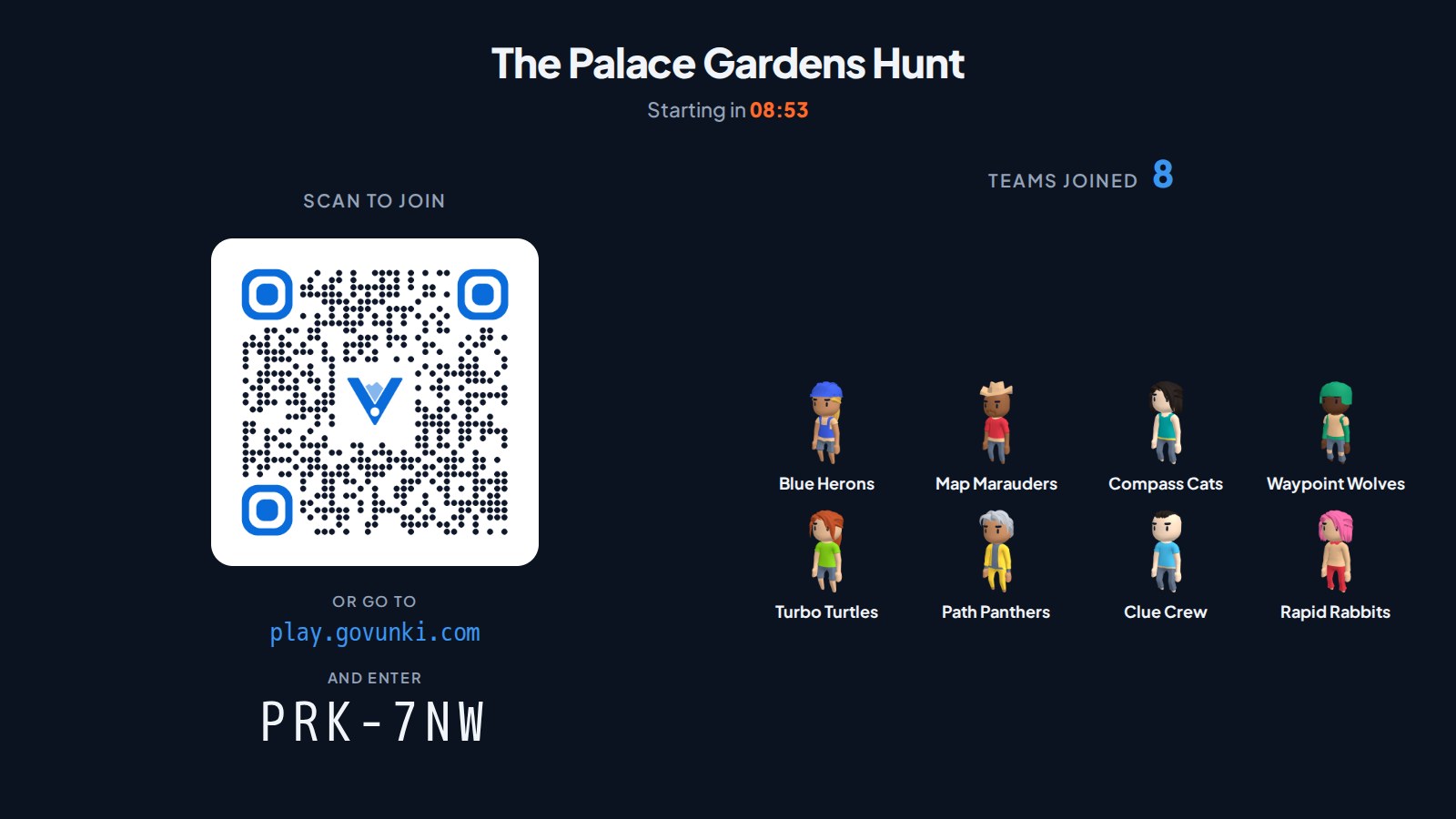 The big screen before the start: one QR code, the join code and the teams that have joined